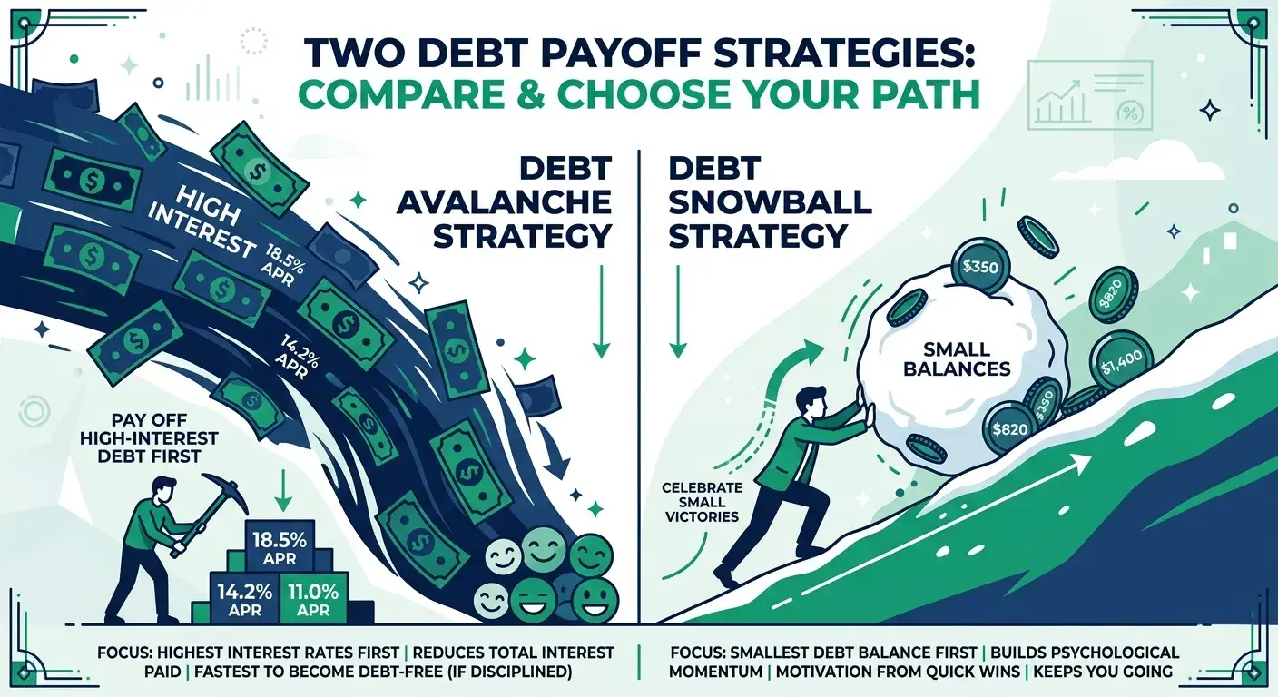 Debt avalanche vs snowball strategy comparison infographic